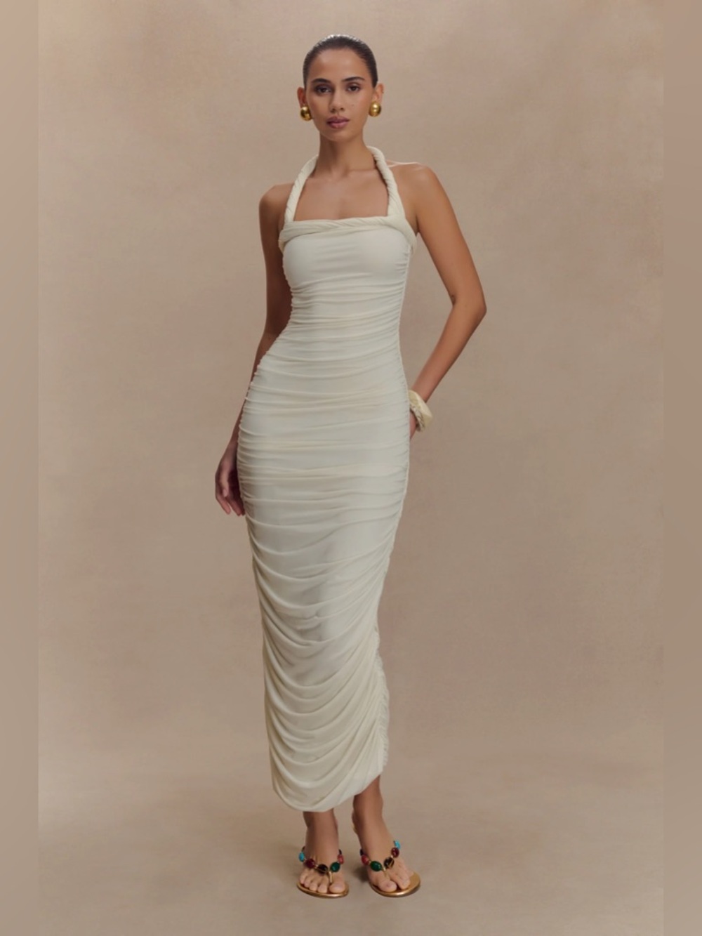 Camila Halter Ruched Halter Midi Dress - Ivory